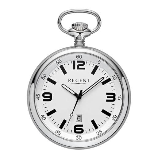 REGENT mens orologio da tasca in acciaio inox 50 mm quarzo quadrante argento, quattro numeri arabi data p-743, argento, classico