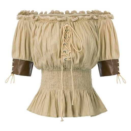 AYAZER camicetta vittoriana steampunk da donna mezza manica boho con spalle scoperte top contadini allacciatura vita smock camicie estive-khaki-s