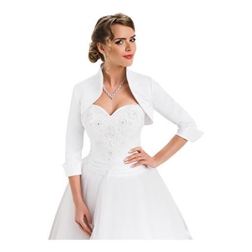 OssaFashion top donna sposa raso bolero giacca manica 3/4, bolero completo fodera, bianco, 48