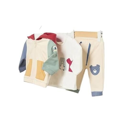 Mayoral completo tuta caldo cotone per neonato 1/2 mesi cm 60 con felpa e pantalone avorio con dettagli multicolore