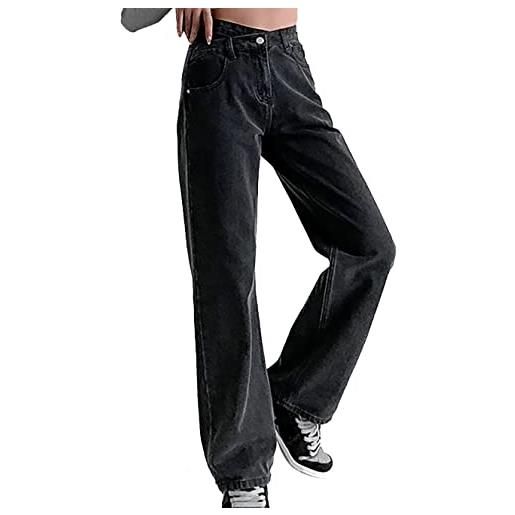 Generico jeans donna elasticizzati - jeans a vita alta incrociati a gamba larga pantaloni con tasche con bottoni pantaloni a gamba dritta pantaloni a di pelle
