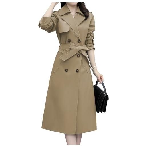 DayaEmmoTQ giacca a vento lunga doppiopetto da donna in colore puro risvolto antivento capispalla cintura sottile cappotti, cachi, 98-120
