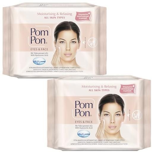Pom Pon all skin salviette struccanti viso e occhi, con ingredienti naturali, idratanti e rilassanti, pacco doppio, 2x20 unità