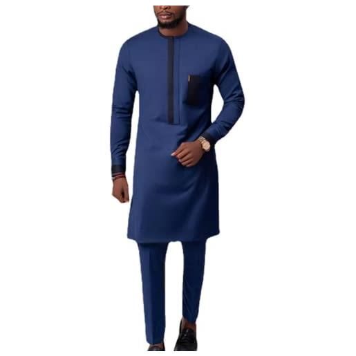 Andiwa uomo africano 2 pezzo set dashiki abiti casual etnico mid-length tradizionale manica lunga tinta unita camicia e pantaloni, marina militare, 4xl