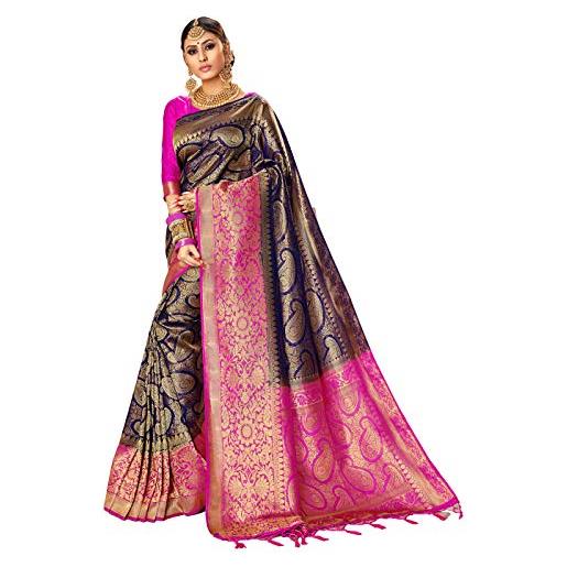 STYLE INSTANT sarees per le donne banarasi art silk l indiano rakhi matrimonio diwali regalo sari con camicetta non cucita, blu navy, etichettalia unica