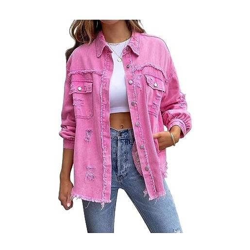 TONGFANG giacca in cotone denim tinta unita basic da donna giacca in cotone denim giacca in denim giacche di jeans strappate di transizione (color: pink, size: l)