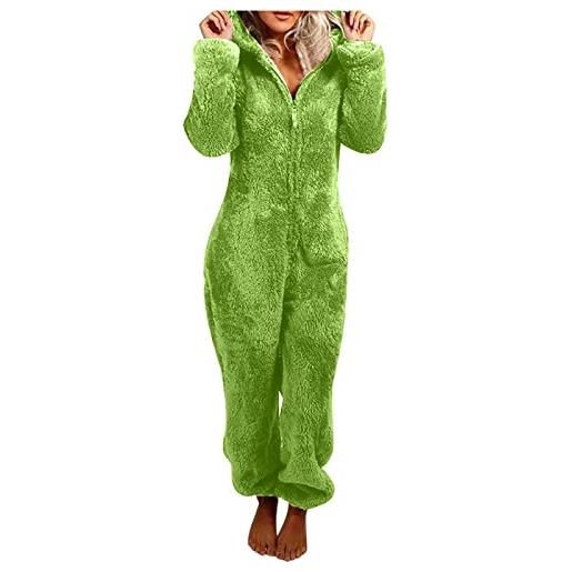 TRIGLICOLEUM tuta da donna in pile teddy pigiama intero onesie winter fluffy pigiama morbido con cappuccio, taglie grandi, caldo e soffice, pigiama natalizio, #03 verde, s