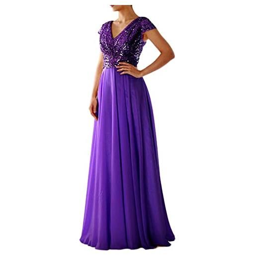 MISSMAO abiti da cerimonia lungo stile impero chiffon brillantini scollo a v maniche corte vestiti da cerimonia e ballo stile impero linea ad a elegante tulle abito da damigella, nero, s