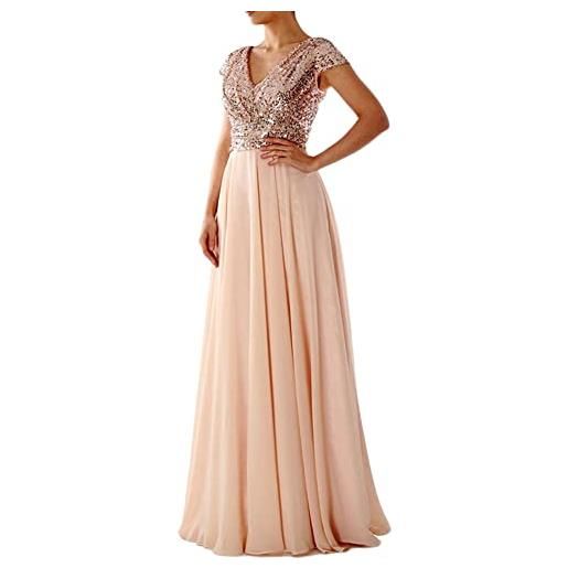 MISSMAO abiti da cerimonia lungo stile impero chiffon brillantini scollo a v maniche corte vestiti da cerimonia e ballo stile impero linea ad a elegante tulle abito da damigella, beige, m