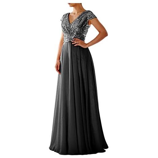 MISSMAO abiti da cerimonia lungo stile impero chiffon brillantini scollo a v maniche corte vestiti da cerimonia e ballo stile impero linea ad a elegante tulle abito da damigella, beige, m