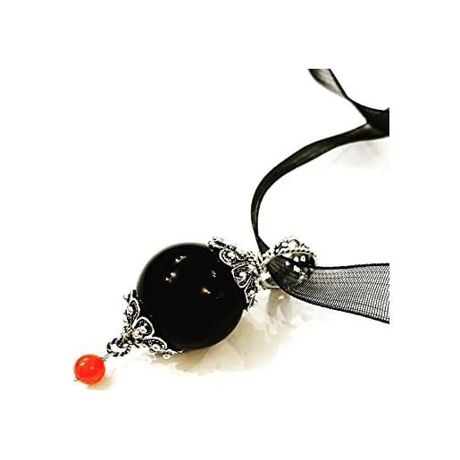 La Filigrana delle Sorelle Manunta ciondolo su coccu con corallo, amuleto portafortuna, argento brunito, sfera in onice nero da 18 mm