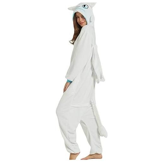 KASUTAM kigurumi drago onesies pigiama invernale in flanella cartoon set donna uomo pigiama animale costume cosplay per festa di halloween, bianco, l