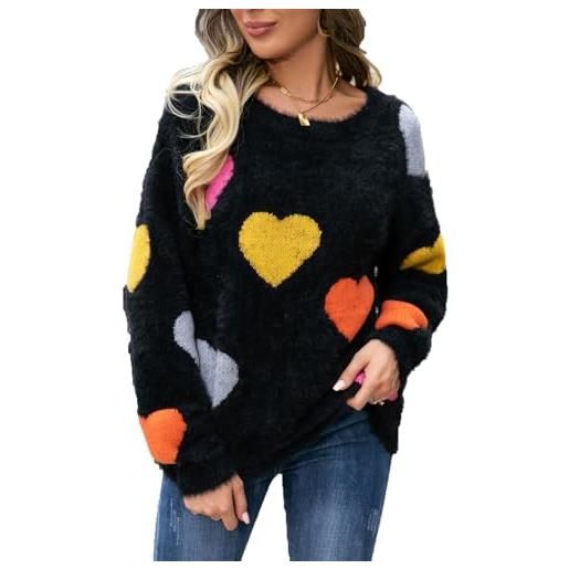 Szcaecie maglione in peluche da donna autunno inverno love heart maglione lavorato a maglia pullover morbido girocollo ampio (nerone, l)