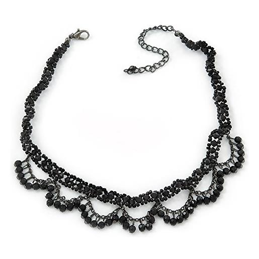 Avalaya collana girocollo in elegante stile vittoriano/gotico/burlesque, con perline nere, lunghezza 32 cm, con estensione di 8 cm