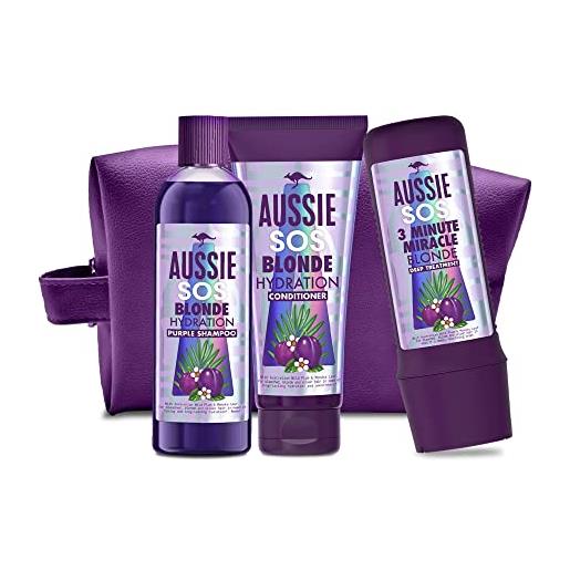 Aussie set regalo sos blonde, shampoo + balsamo + cura intensiva con foglia di manuka austaliana e prugna selvatica, per capelli biondi, senza esperimenti sugli animali, vegano, cura dei capelli