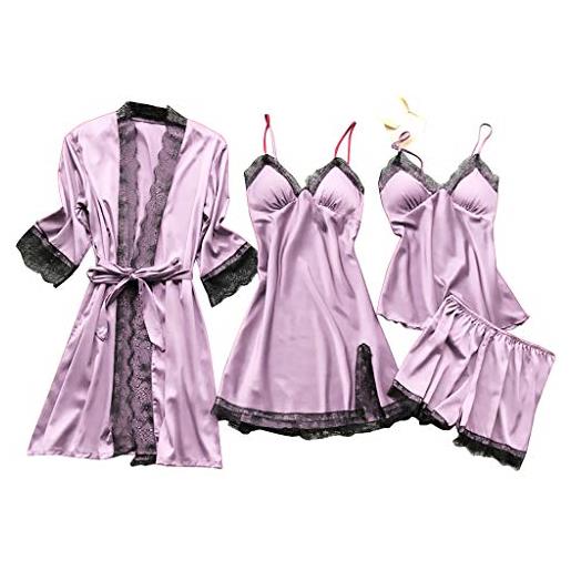 Toamen 4 pcs camicie da notte donna topgrowth pigiama sexy lingerie raso seta indumenti abiti abito babydoll da notte con pizzo canotta + abiti set(rosa, l)