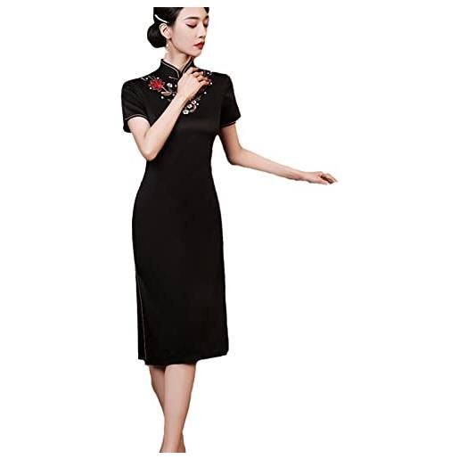 YAROVA vestito cinese da donna - fiore di raso estate sottile qipao donna sexy cheongsam collo alla coreana abiti da festa per banchetti da sera manica corta abbigliamento di media lunghezza, nero, 4