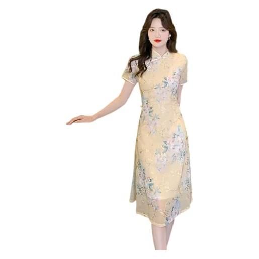 YAROVA vestito cinese da donna - elegante retro moderno migliorato cheongsam cinese tradizionale manica corta estate qipao abiti di media lunghezza vestiti moda donna, yellow, l