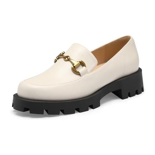 GENSHUO mocassini donna eleganti loafers a punta tonda mocassini con fibbia metallica scarpe slip-on mocassino con plateau bianco 38,5eu