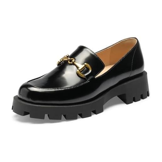 GENSHUO mocassini donna eleganti loafers a punta tonda mocassini con fibbia metallica scarpe slip-on mocassino con plateau nero 39eu