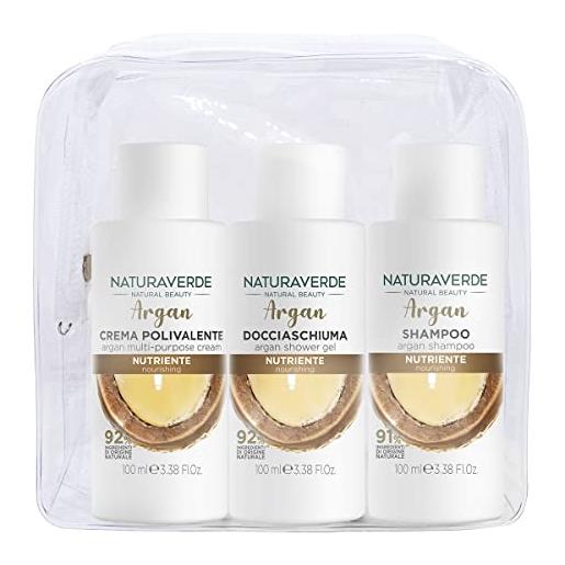 Naturaverde | natural beauty- travel care kit all'argan, shampoo da viaggio, docciaschiuma, crema corpo, pratica pochette 100ml