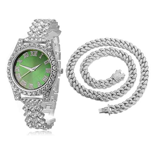 HALUKAKAH orologio d'oro con diamanti, donna platino placcato oro bianco 36mm larghezza verde quadrante quartz 20cm con catena cubane40cm nacklace, confezione regalo gratuita