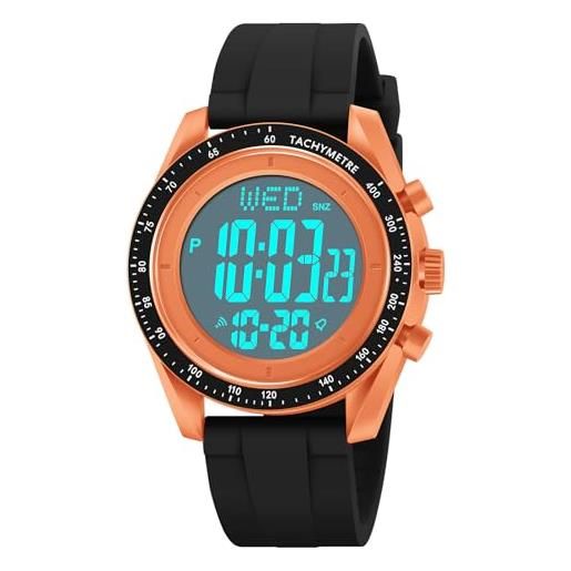findtime orologio sportivo digitale da uomo, impermeabile fino a 50 m, orologio digitale per sport all'aria aperta, con ampio quadrante e retroilluminazione a led, arancione, cinturino