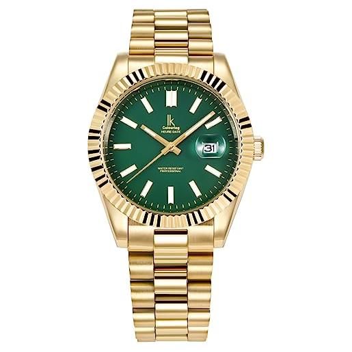 Alienwork orologio uomo donna oro bracciale in acciaio calendario data verde classico elegante