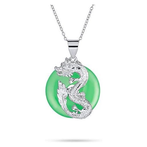 Bling Jewelry stile asiatico cerchio aperto disco tinto verde giada drago ciondolo. 925 collana in argento sterling per le donne 18 pollici