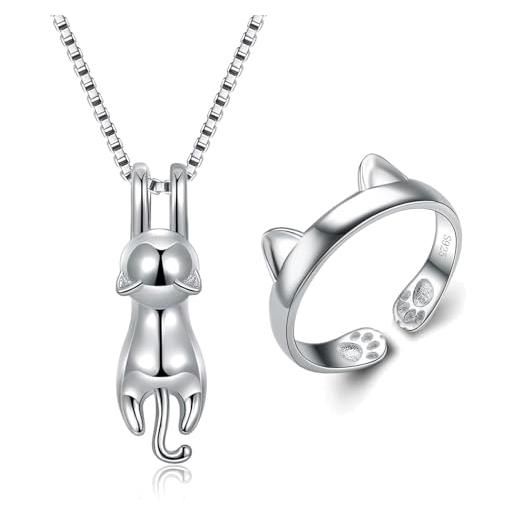 Wonvin Collection donna 925 sterling silver 3d carino gatto lover liscio ciondolo collana bracciale orecchini anello (ring+pendant necklace)