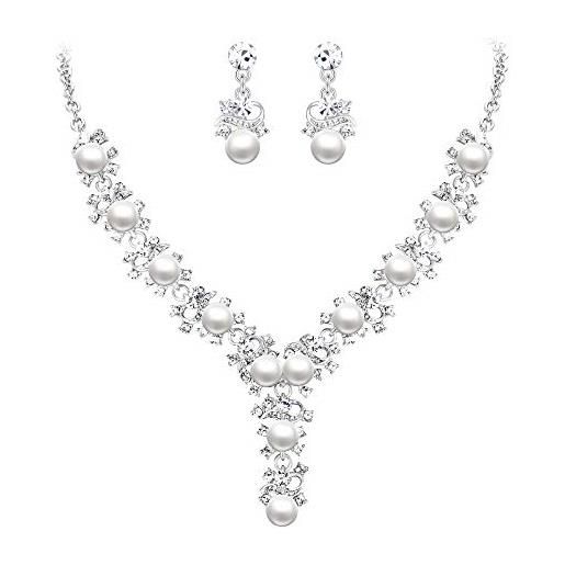 EVER FAITH parure gioielli donna cristallo perla simulata matrimonio sposa florale vite collana orecchini set trasparente argento-fondo
