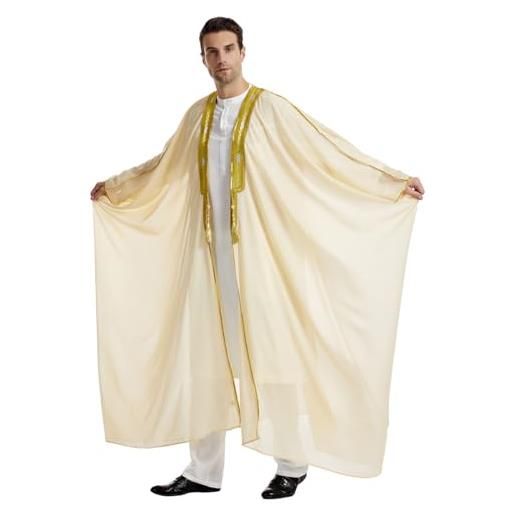 Generic abaya bisht arabo da uomo etnico con mantello dorato con abito arabo con frangia a sfera, nero , xl