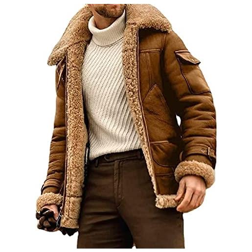 QQKKZX 2023 giacca da uomo elegante in pelle volante color cammello, giacca bomber b3, giacca invernale da uomo in caldo pile con risvolto, cappotto vintage in pelle da motociclista (color: brown, 