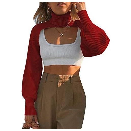 ADYD dolcevita lungo maglione manica a sbuffo tinta unita maglieria pullover top braccio scrolle crop felpa, rosso vinaccia, taglia unica