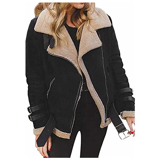 YMING giacca donna in finta pelle scamosciata con cintura moda inverno caldo casual moto biker coat grigio l