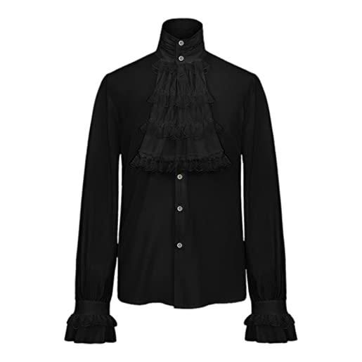 MKIUHNJ camicia da uomo gotico, vintage, in pizzo, con colletto alto, a maniche lunghe, pieghevole, senape, nero , l