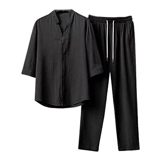 ODMP men's 2 pieces linen set summer outfits plus size ice silk short sleeve t-shirt two piece set loose pants casual trousers (xl, black)