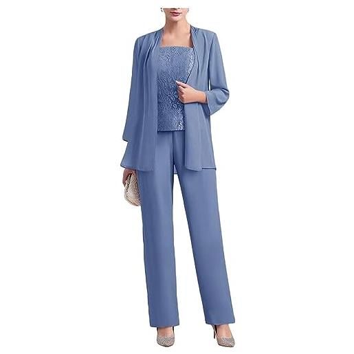 Botong tailleur in chiffon (3 pezzi) con pantaloni e corpetto in pizzo, elegante, adatto per matrimoni e madre della sposa, blu, 54
