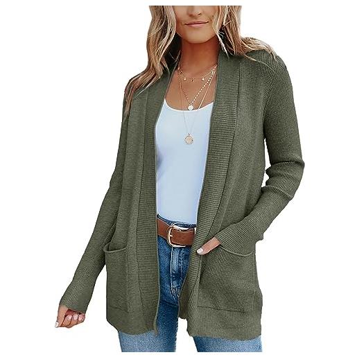 Fessceruna henley - maglia a maniche lunghe da donna, in pizzo, girocollo, con bottoni, maglione, verde oliva, l