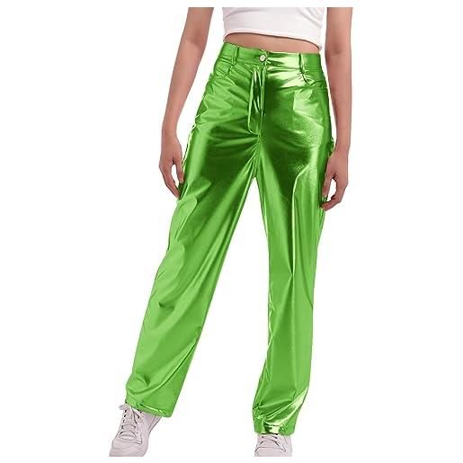FYMNSI pantaloni da donna lucidi metallizzati in pelle pu, effetto bagnato, a vita alta, stile vintage, anni '80, anni '90, abbigliamento da ballo, verde, m