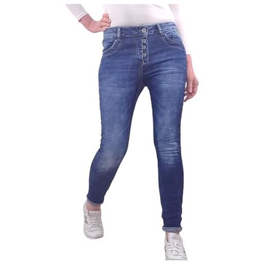 Jewelly jeans da donna elasticizzati, pantaloni boyfriend, con bottoni visibili, lavaggio in denim scuro, blu scuro, l
