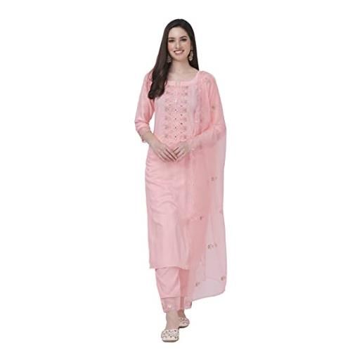 TRENDMALLS abito da donna in cotone con ricamo kurta pant suit con organza dupatta set, rosa pesca. , 6x-large