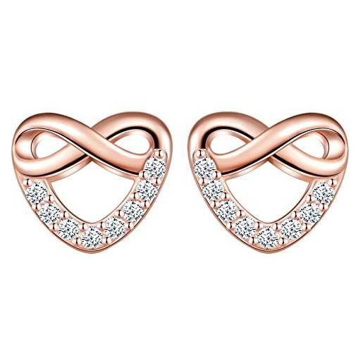 Unendlich U infinite u - orecchini a lobo in argento 925, da donna e ragazza, mini orecchini a forma di cuore con zirconi, colore oro rosa