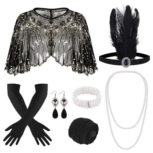 ELECLAND 10 pezzi flapper anni '20 gatsby accessori set moda anni '20 tema set con fascia copricapo guanti neri lunghi collana orecchini per donna (black gold), m