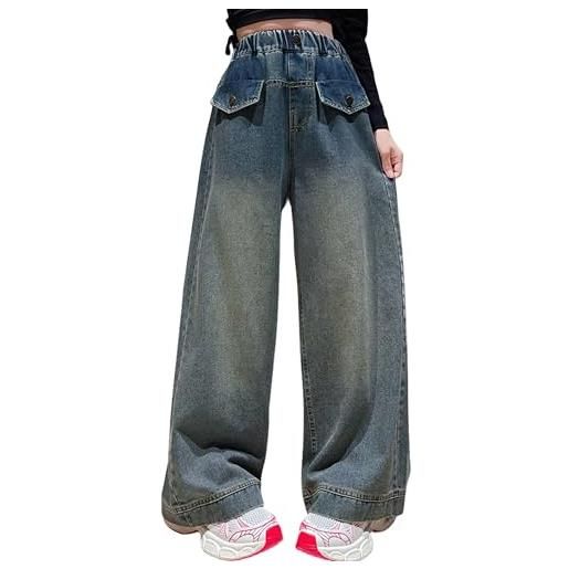 Panegy jeans larghi per bambine con tasche vintage casual streetwear moda plaid denim pantaloni vita elastica lavata blu 10-11 anni