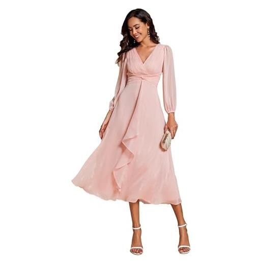 Ever-Pretty vestito elegante donna cerimonia manica lunga collo a v gonna midi abito da sera champagne 52