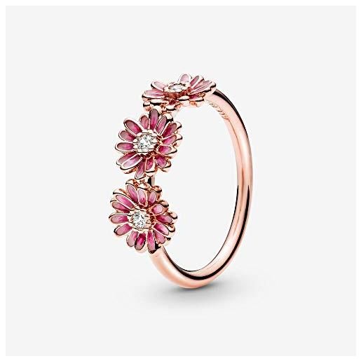 PANDORA garden pink daisy flower trio 14k rose gold-plated ring with clear cubic zirconia and shaded pink enamel, 56