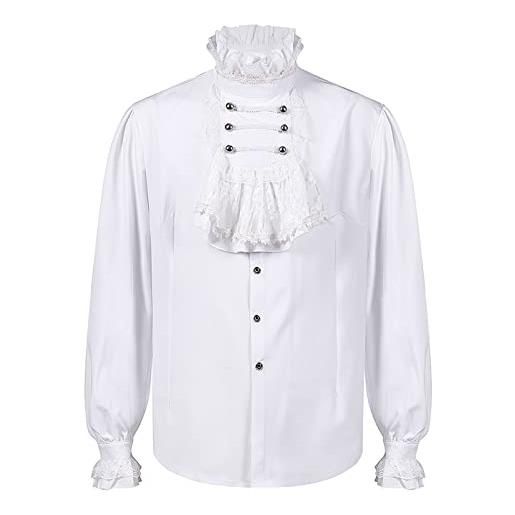 Duohropke camicia da pirata da uomo con volant coloniale rinascimentale denso balze camicia steampunk vampiro costume gotico, 01 bianco, xl