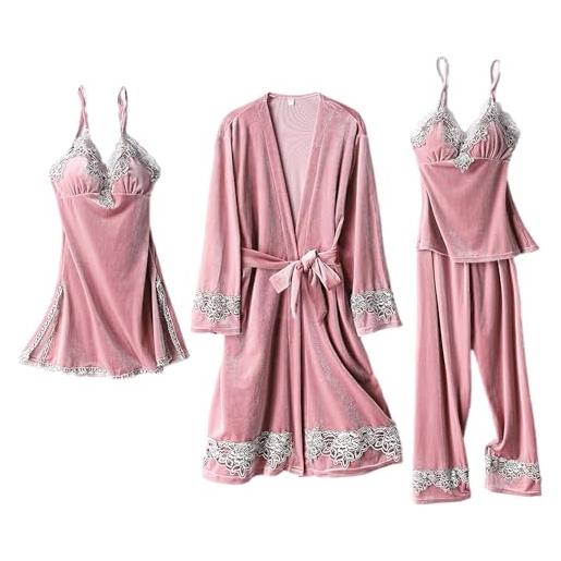 Jamron donna elegante ricamo 4pcs set pigiama velluto accappatoio + abiti + pantaloni abbigliamento termico da notte rosa sn079127 m
