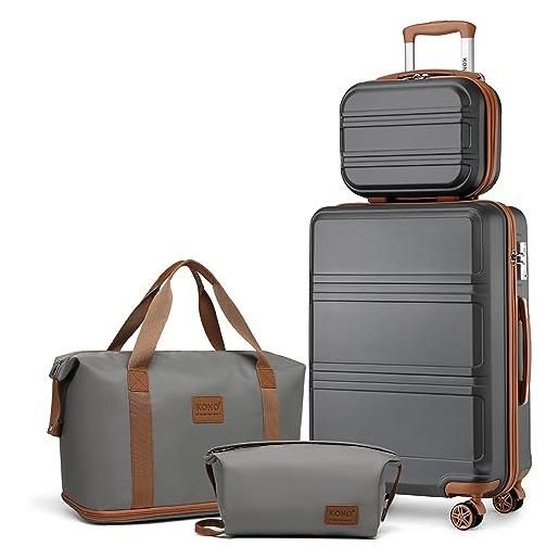 KONO set di valigie trolley rigido bagaglio a mano con 4 ruote e borsa da toilette + borsone da viaggio espandibile palestra e borsa da toilette, grigio/marrone